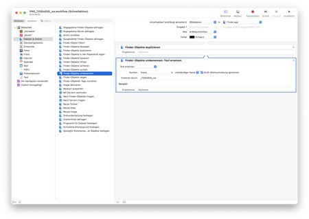 Aktion «Finder-Objekte umbenennen: Text ersetzen» im Workflow platziert. Screenshot.